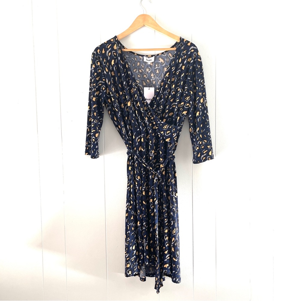 Cheetah Animal Print Fit and Flare Wrap Dress 3/4 Sleeve Women’s L Blue Leota